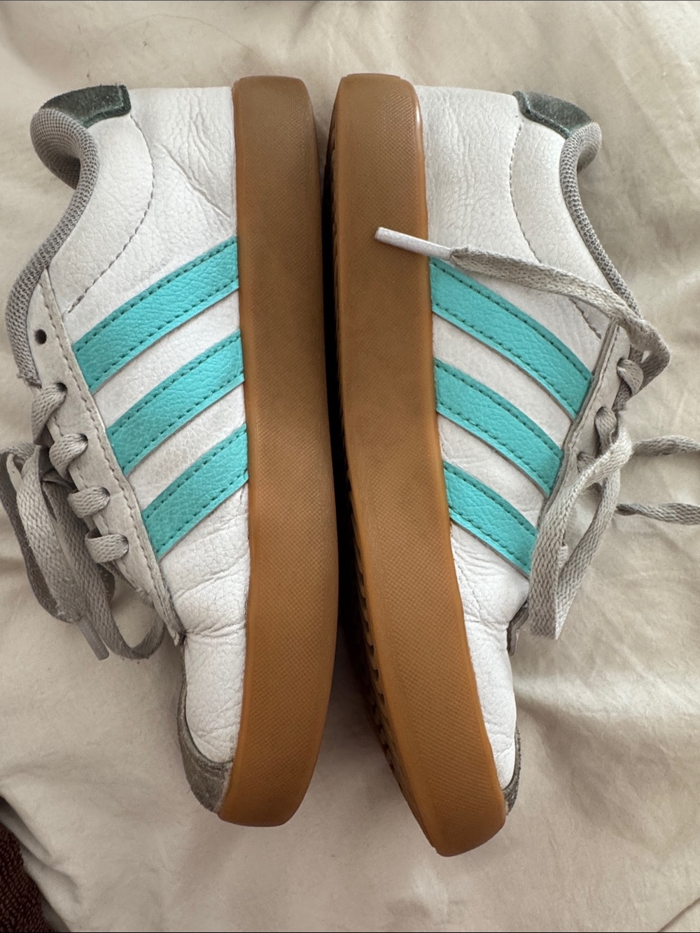 adidas White Sneakers with Aqua Stripes and Gum Sole